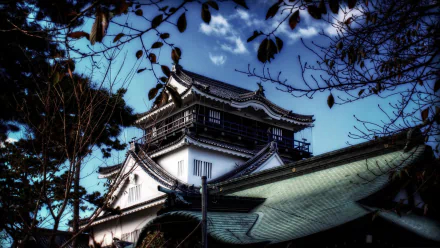 A 4K Ultra HD image of Okazaki Castle, a historic man-made structure in Aichi Prefecture, Japan, framed by tree branches against a vibrant blue sky.