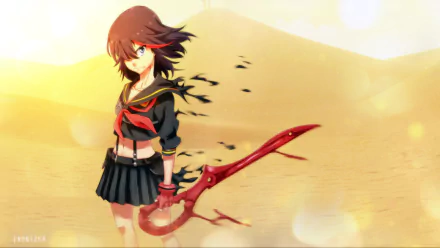 A vibrant HD desktop wallpaper featuring Ryūko Matoi from the anime Kill La Kill, clad in her iconic skirt, wielding a striking weapon against a sandy backdrop.