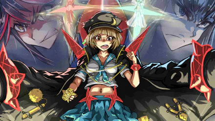 Mako Mankanshoku from the anime Kill La Kill strikes a dynamic pose, surrounded by vibrant colors and effects, creating an exciting HD desktop wallpaper.