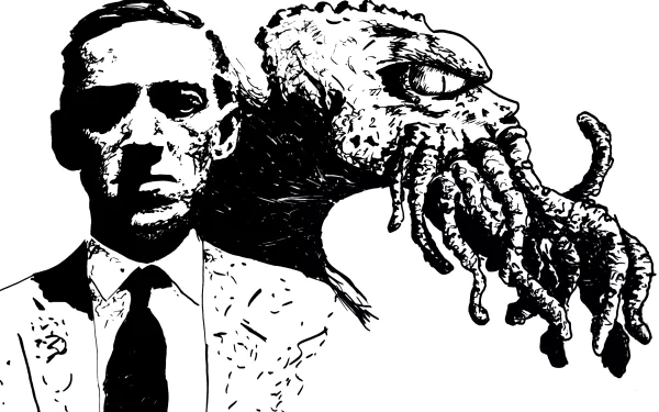 Black and white HD desktop wallpaper featuring a portrait of H.P. Lovecraft alongside a detailed fantasy depiction of Cthulhu.