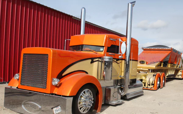 HD desktop wallpaper featuring a vibrant orange Peterbilt truck and trailer parked beside a red building under a partly cloudy sky.