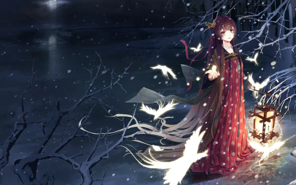 Anime girl in a winter night scene, holding a lantern amidst snowfall, surrounded by birds and bare trees, suitable as an HD desktop wallpaper.