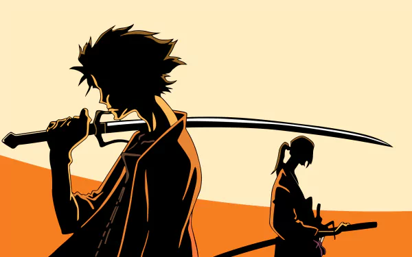 HD anime desktop wallpaper featuring Mugen from Samurai Champloo, silhouetted with swords against an orange background.
