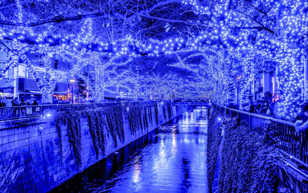 Tokyo, Japan lit up with dazzling blue lights, reflecting off a serene canal. HD wallpaper featuring a mesmerizing nighttime view of a man-made waterway adorned with illuminated trees.