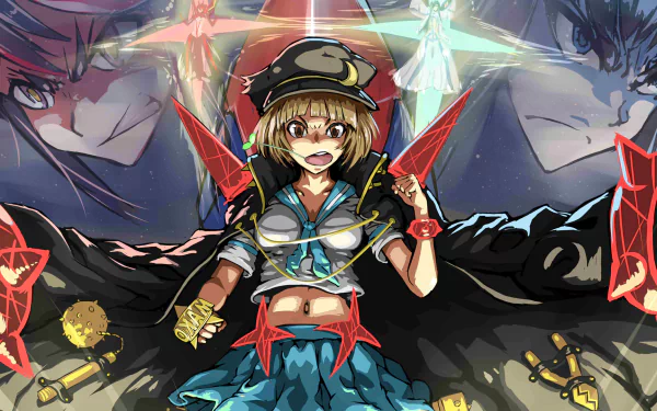 Mako Mankanshoku from the anime Kill La Kill strikes a dynamic pose, surrounded by vibrant colors and effects, creating an exciting HD desktop wallpaper.