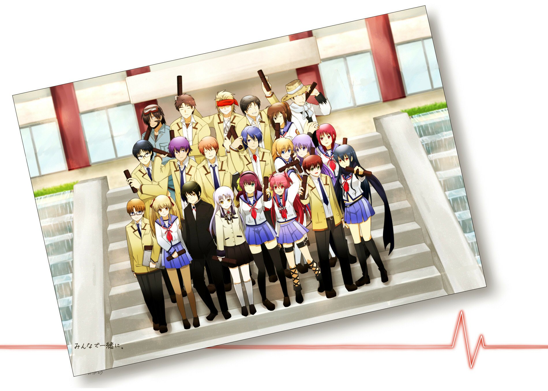 A vibrant HD desktop wallpaper featuring characters from the anime Angel Beats! gathered on stair steps, showcasing their unique styles and camaraderie.