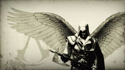 HD PC wallpaper featuring Ezio from Assassin's Creed II, depicted with angelic wings against a muted background, blending iconic Assassin's Creed imagery and style.