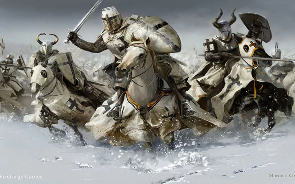 A dynamic fantasy scene featuring armored knights on horseback charging through a snowy landscape, creating an epic and adventurous atmosphere for an HD desktop wallpaper.