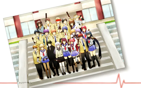 A vibrant HD desktop wallpaper featuring characters from the anime Angel Beats! gathered on stair steps, showcasing their unique styles and camaraderie.
