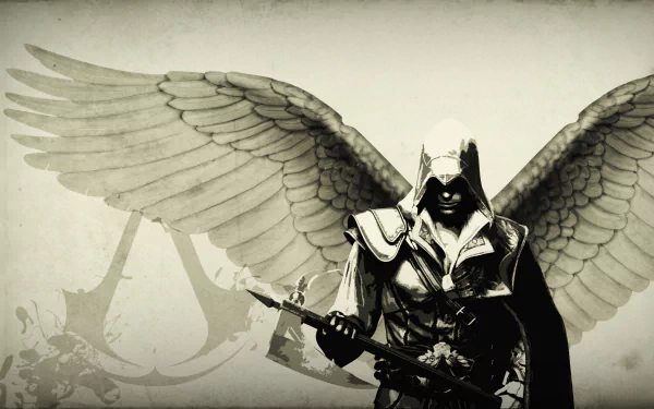 HD PC wallpaper featuring Ezio from Assassin's Creed II, depicted with angelic wings against a muted background, blending iconic Assassin's Creed imagery and style.