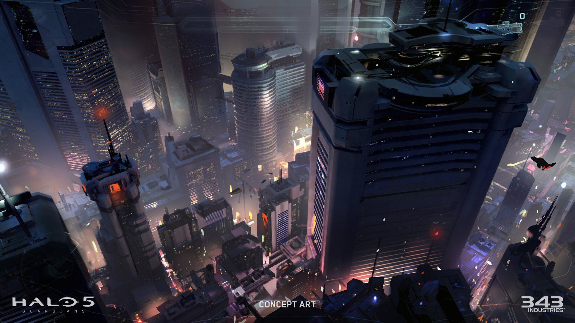 Concept art from the video game Halo 5: Guardians — a futuristic cityscape at night with a hovering ship above skyscrapers. 2K Quad HD PC desktop wallpaper background.