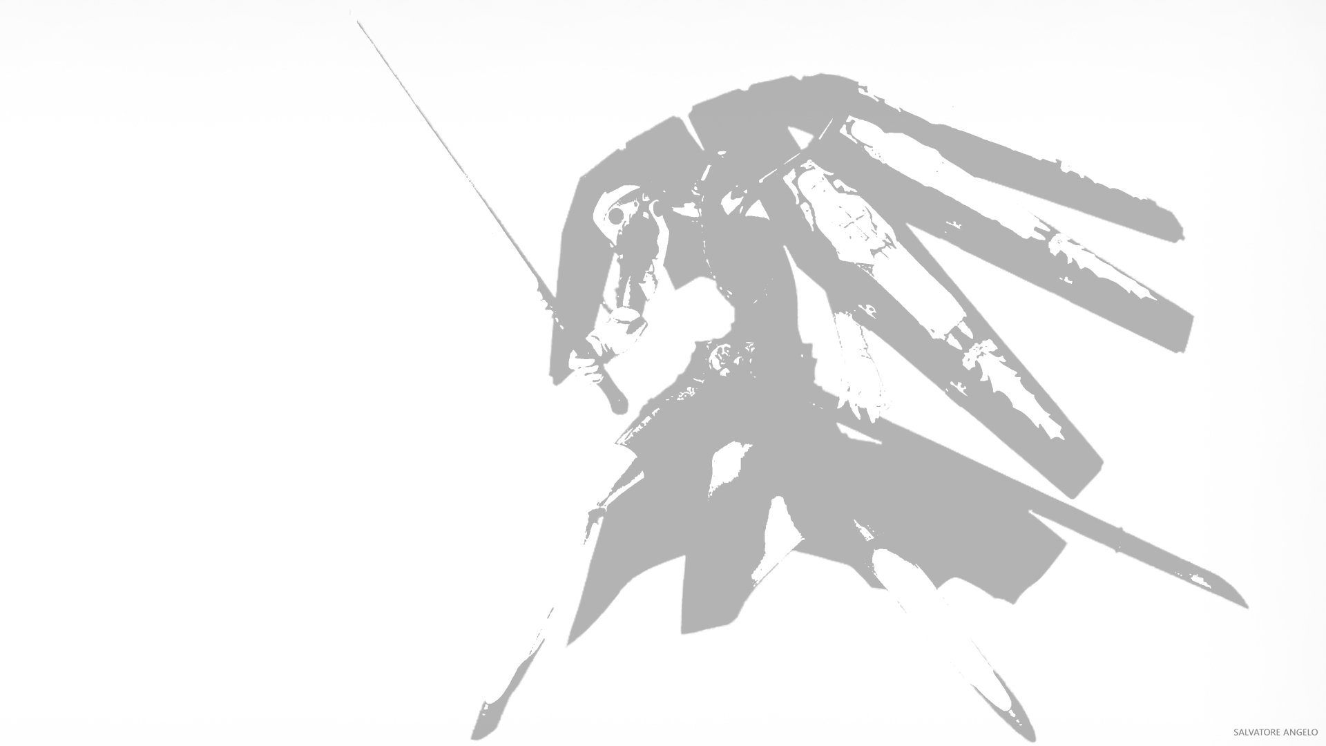 Monochrome grey silhouette of Thanatos from Persona 3, stylized against a white background — 2K Quad HD PC desktop wallpaper for the Persona video game.
