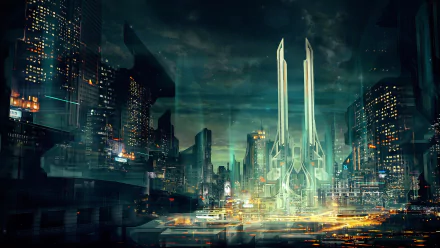 A vibrant cyberpunk cityscape featuring futuristic skyscrapers and illuminated structures. This HD desktop wallpaper captures the essence of sci-fi urban aesthetics.