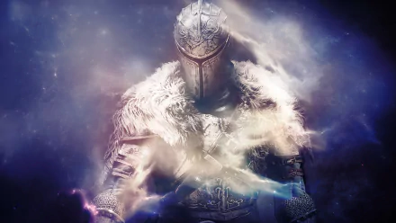 HD desktop wallpaper from Dark Souls II, featuring an armored knight surrounded by mystical blue light and cosmic effects.