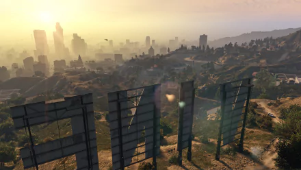 A stunning HD wallpaper from Grand Theft Auto V, showcasing a scenic view of the city skyline at sunset, with iconic structures and vibrant colors illuminating the landscape.