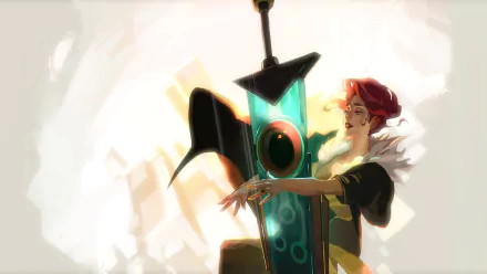 HD PC desktop wallpaper featuring a character from the video game Transistor embracing a glowing, futuristic sword.
