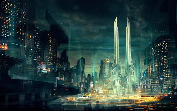 A vibrant cyberpunk cityscape featuring futuristic skyscrapers and illuminated structures. This HD desktop wallpaper captures the essence of sci-fi urban aesthetics.