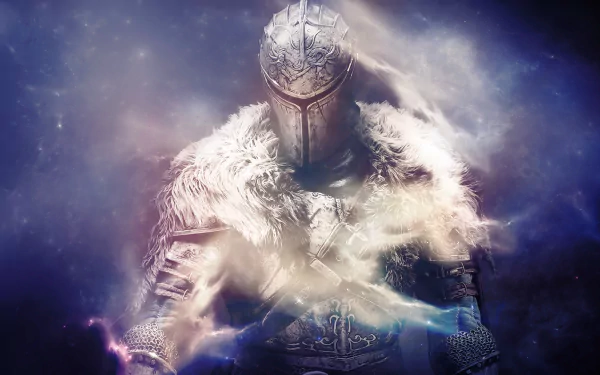 HD desktop wallpaper from Dark Souls II, featuring an armored knight surrounded by mystical blue light and cosmic effects.