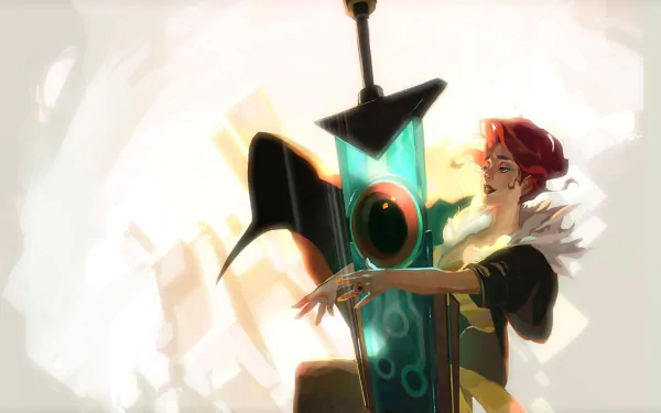 HD PC desktop wallpaper featuring a character from the video game Transistor embracing a glowing, futuristic sword.