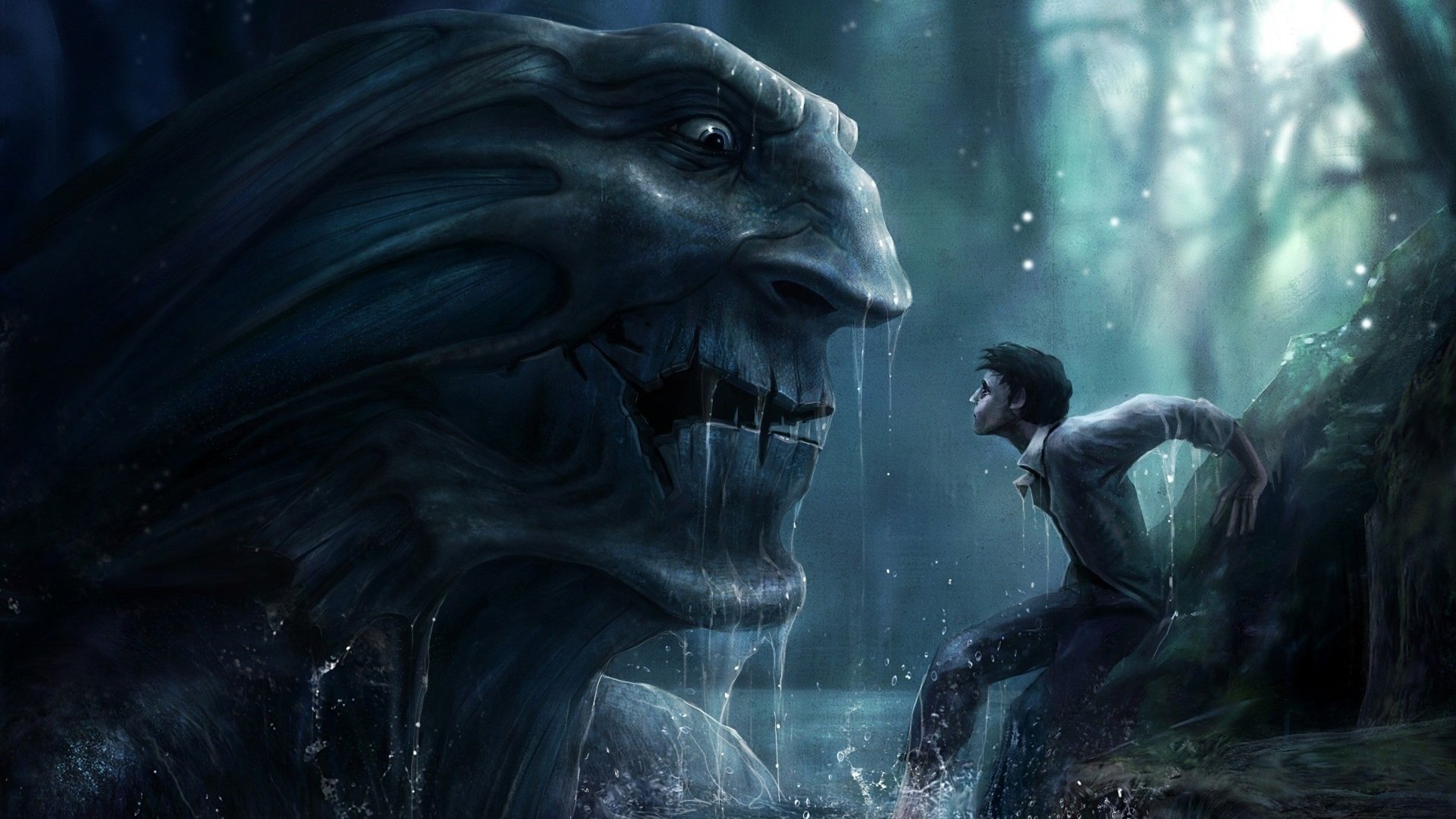 A fantastical creature looms over a young figure in a misty, enchanted forest scene, evoking a sense of wonder and adventure. HD wallpaper background for fantasy enthusiasts.