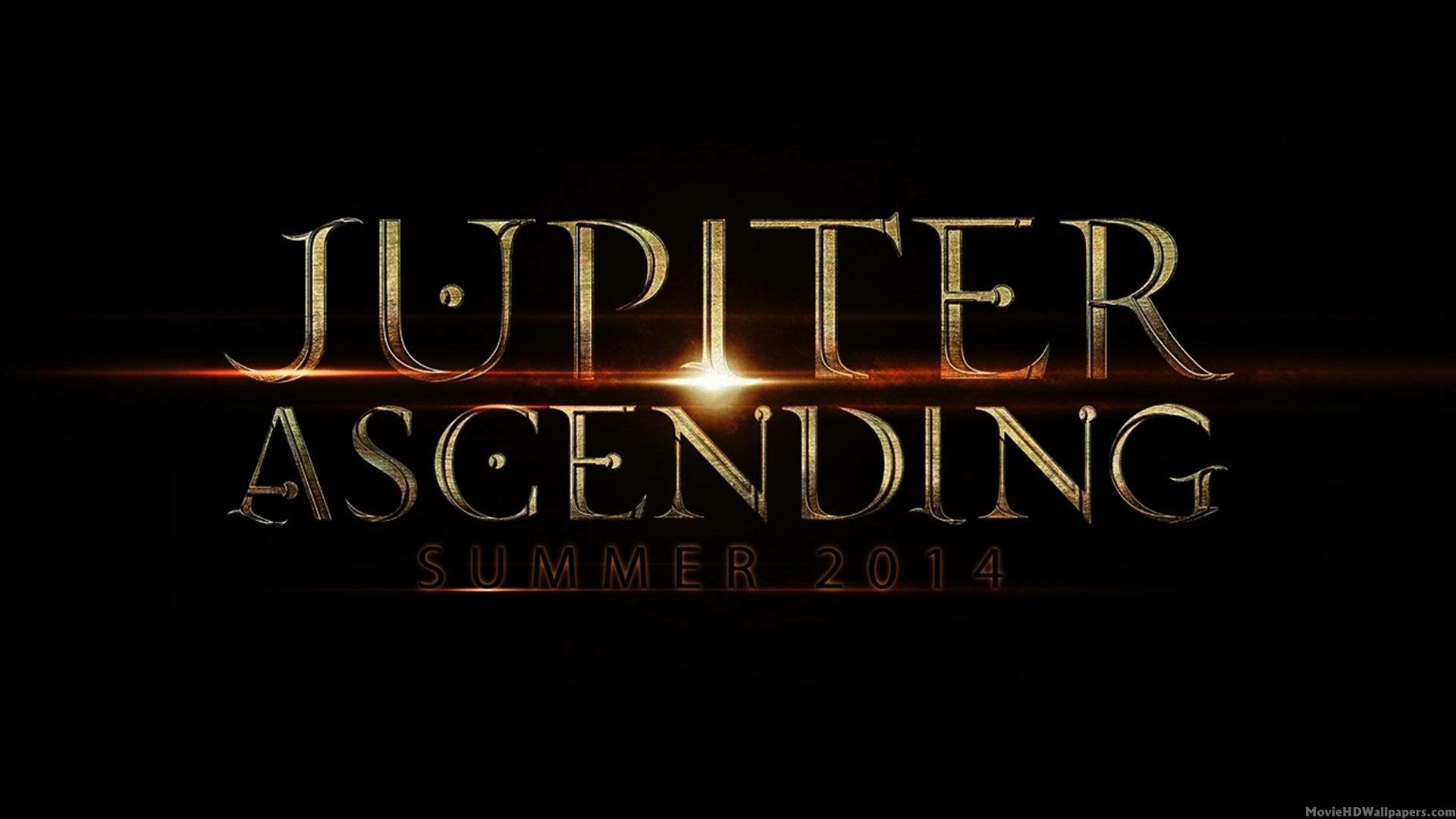 HD desktop wallpaper featuring the logo for Jupiter Ascending displayed in golden letters on a dark background with a release date of Summer 2014.