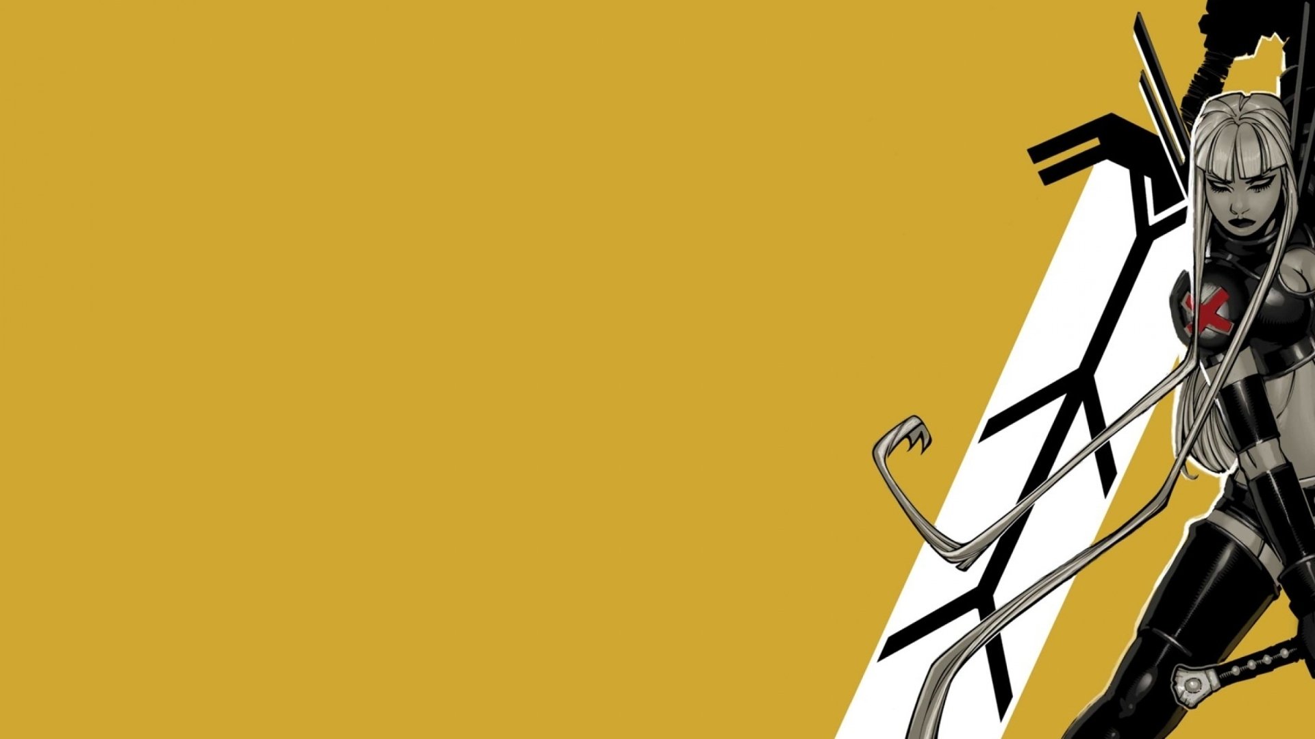 HD wallpaper featuring Magik from Marvel Comics, displayed against a striking yellow background with abstract black designs, perfect for a dynamic desktop aesthetic.