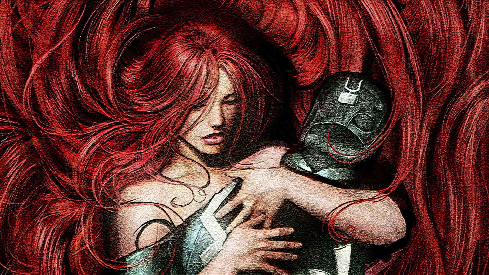 HD comic-style PC desktop wallpaper featuring Medusa with flowing red hair and a somber expression, blending mythical and graphic novel aesthetics.