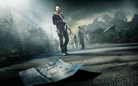 HD desktop wallpaper featuring Andrew Lincoln as Rick Grimes from the TV show The Walking Dead, standing on a deserted street with zombies in the background.