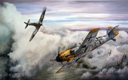 Artistic HD desktop wallpaper depicting Messerschmitt Bf 109 and Supermarine Spitfire fighter planes engaged in aerial combat above dramatic clouds.