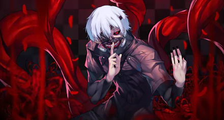 An HD desktop wallpaper of Ken Kaneki from Tokyo Ghoul. He has white hair, red eyes, a mask with sharp teeth, and kagune (ghoul appendages) in the background, surrounded by a dark and eerie atmosphere.