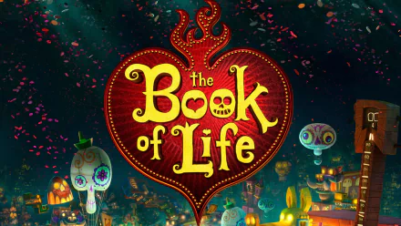 HD PC desktop wallpaper featuring The Book of Life movie logo with vibrant Day of the Dead-themed skulls and glowing lanterns in the background.