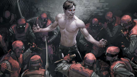 Comic-style vampire, shirtless and blood-eyed, surrounded by armed masked soldiers in a gritty alley — dramatic HD PC desktop wallpaper and background.