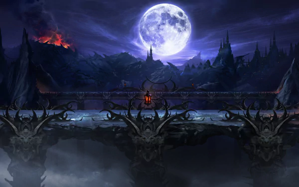 A HD desktop wallpaper featuring a night scene with a full moon, smoke, a glowing lantern, and a bridge set in a dark, eerie landscape from the video game Mortal Kombat X.