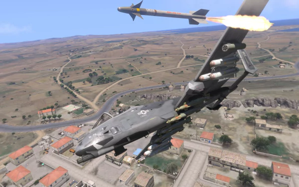 HD PC desktop wallpaper depicting a Fairchild Republic A-10 Thunderbolt II aircraft in flight from the military video game Arma 3, with missile launch in progress.