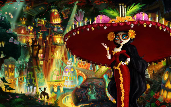 Vibrant HD desktop wallpaper featuring La Muerte and Manolo from The Book of Life movie, showcasing colorful, festive Day of the Dead-inspired scenery and characters.