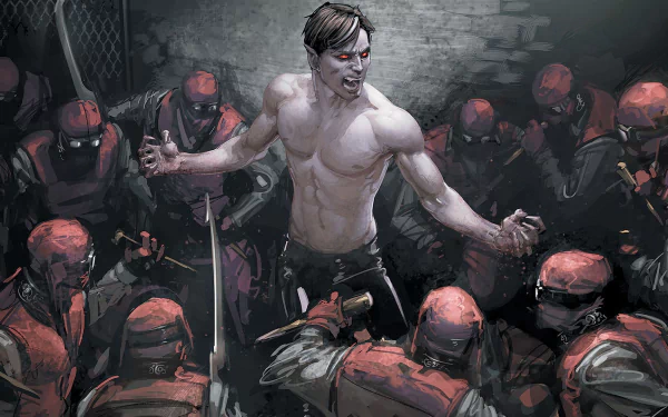 Comic-style vampire, shirtless and blood-eyed, surrounded by armed masked soldiers in a gritty alley — dramatic HD PC desktop wallpaper and background.