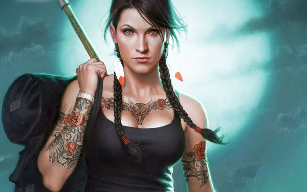 HD PC desktop wallpaper featuring Mercy Thompson in a detailed comic-style, showcasing her with braided hair, tattoos, and a confident pose against a moody background.