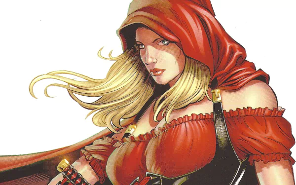 Comic Grimm Fairy Tales HD PC desktop wallpaper/background — blonde heroine in a red hooded cloak and low-cut dress, hair flowing and windblown, staring intensely against a white backdrop.