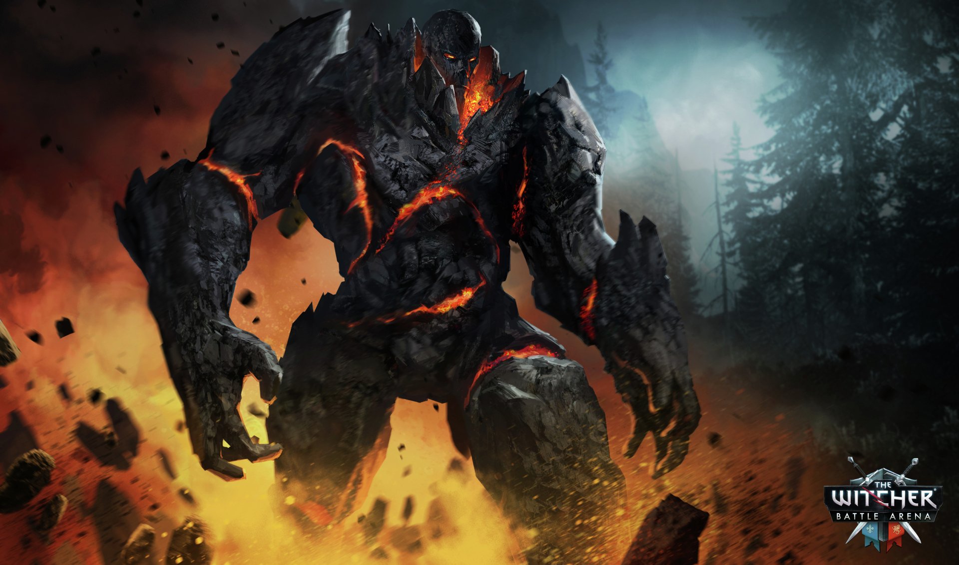 2K Quad HD PC desktop wallpaper — video game The Witcher: Battle Arena: towering molten rock golem with glowing lava cracks amid fire and ash, misty forest backdrop, game logo bottom right.