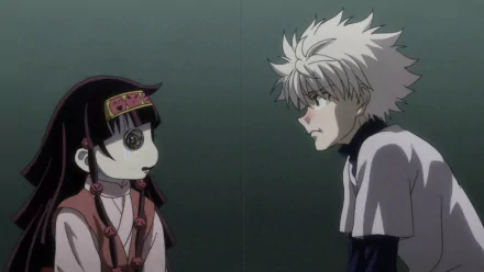 HD desktop wallpaper from Hunter x Hunter featuring two characters facing each other against a dark background.