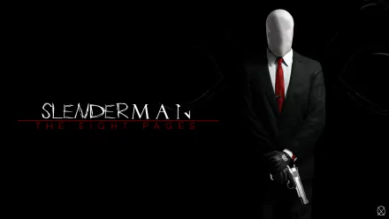 HD wallpaper of Slenderman in a suit holding a gun, with Slenderman: The Eight Pages text, on a dark background.