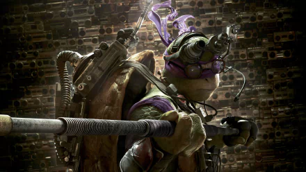 4K Ultra HD desktop wallpaper featuring Donatello from the 2014 Teenage Mutant Ninja Turtles movie, equipped with tech gear and a bo staff in a dimly lit setting.