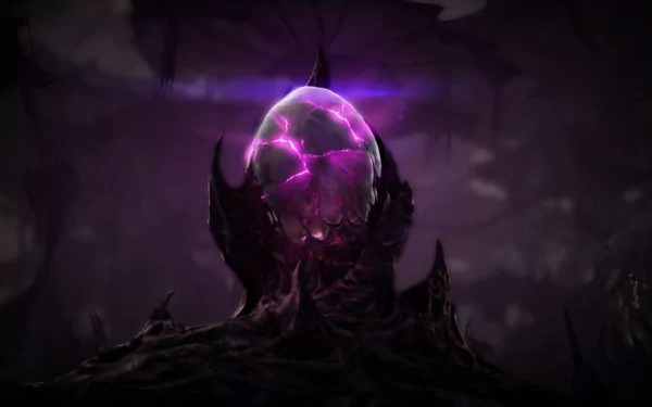HD desktop wallpaper featuring a dark, ominous alien creature from the video game StarCraft II: Heart of the Swarm with glowing purple energy in a shadowy environment.