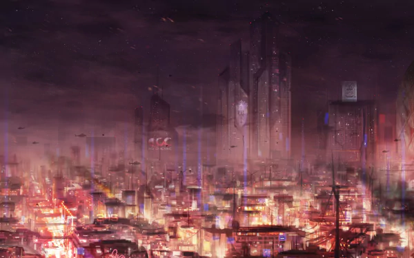 Cyberpunk Shadowrun cityscape at night — neon-lit, rain-slick streets and towering megastructures; HD PC desktop wallpaper/background capturing a gritty, futuristic video game atmosphere.