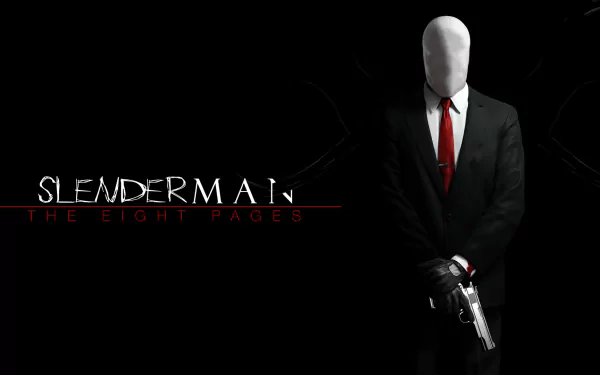 HD wallpaper of Slenderman in a suit holding a gun, with Slenderman: The Eight Pages text, on a dark background.