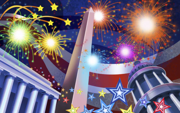 Colorful fireworks illuminate the sky above iconic American monuments, celebrating Independence Day with a vibrant display of stars and patriotic colors in this HD wallpaper.