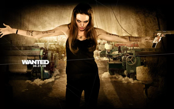 HD PC desktop wallpaper featuring a dark, intense scene from the movie Wanted, with a focused woman standing with arms outstretched in an industrial setting.