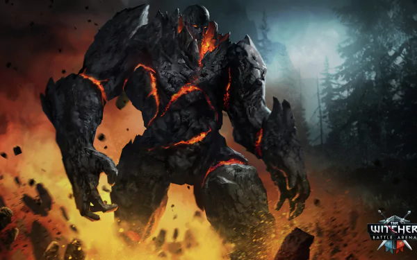 2K Quad HD PC desktop wallpaper — video game The Witcher: Battle Arena: towering molten rock golem with glowing lava cracks amid fire and ash, misty forest backdrop, game logo bottom right.