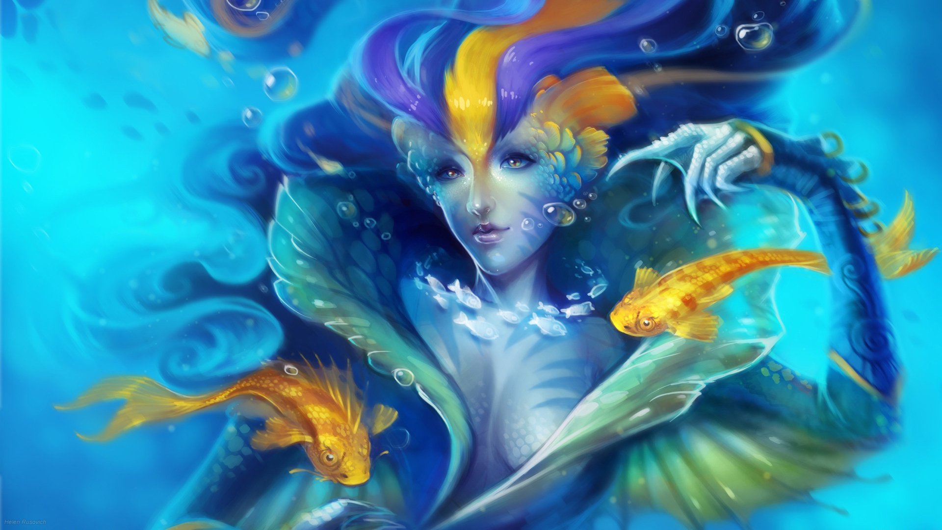 HD fantasy desktop wallpaper featuring a vibrant mermaid surrounded by glowing fish and swirling underwater colors in a mystical ocean scene.