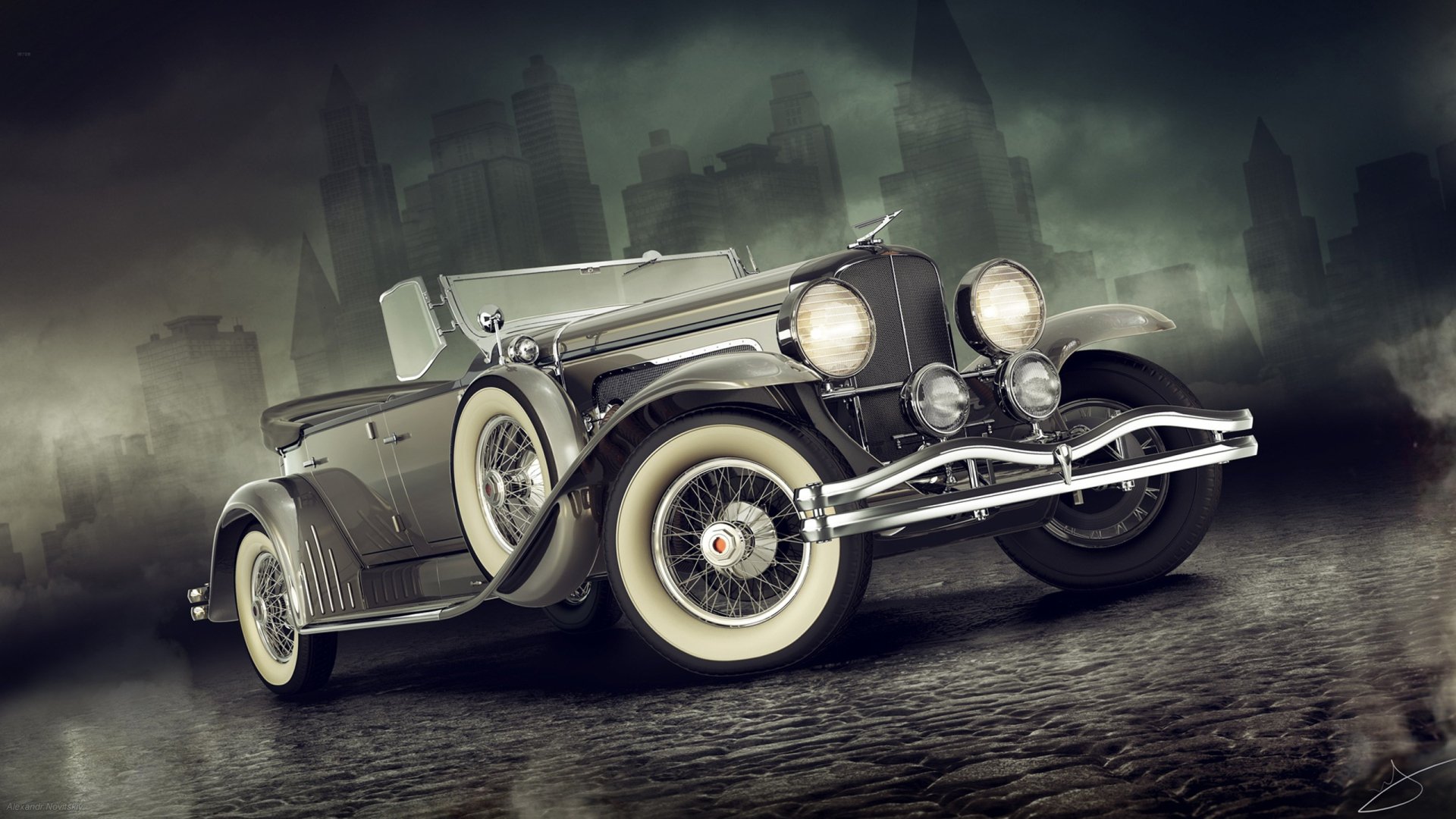 Classic Duesenberg Model J convertible parked on a cobblestone street, featured as an HD PC desktop wallpaper and background with a moody urban backdrop.
